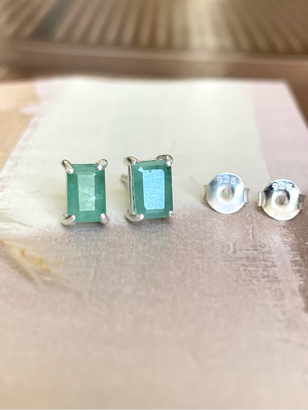 Natural Emerald Octagon Stud Earrings, 925 Sterling Silver (4*3mm)